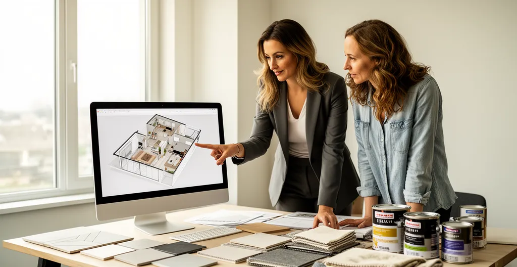 Architecte d'intérieur et cliente regardant ensemble un écran affichant un plan 3D