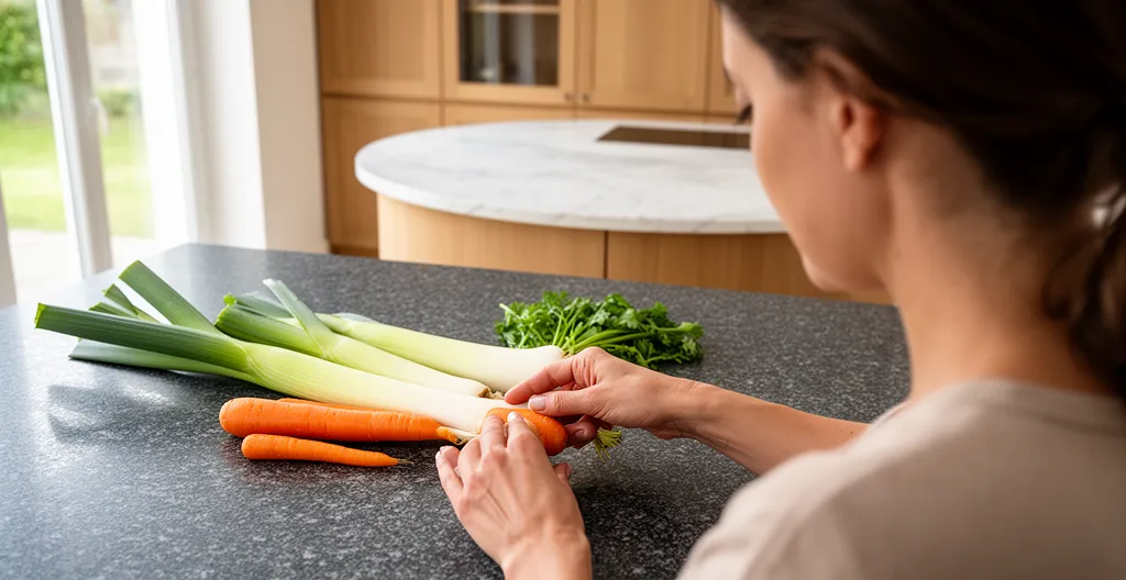 Femme de dos préparant un repas dans une cuisine contemporaine sur mesure