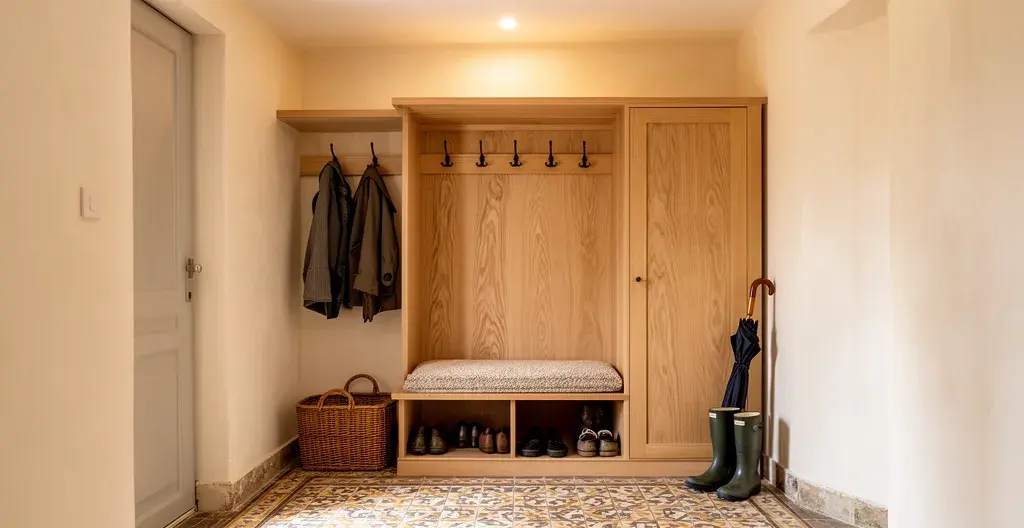 Entrée aménagée avec meuble de rangement sur mesure et patères intégrées