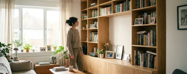 Femme observant son salon aménagé avec rangements sur mesure intégrés