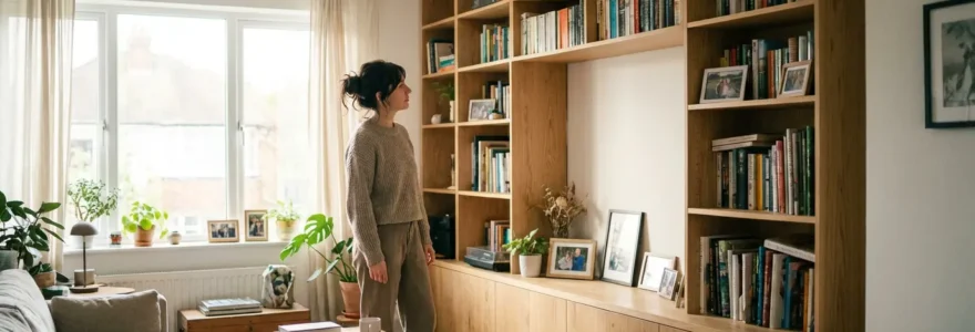 Femme observant son salon aménagé avec rangements sur mesure intégrés