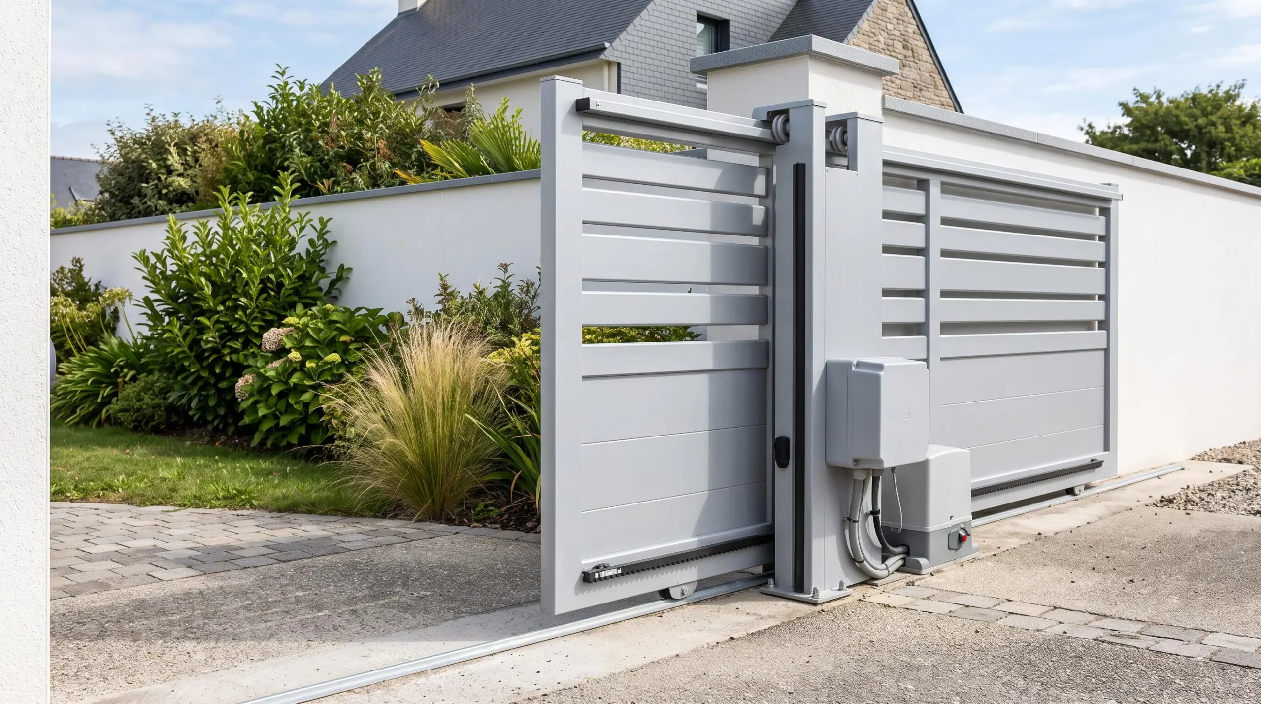 Portail coulissant en aluminium gris partiellement ouvert avec rail au sol visible et boîtier de motorisation sur pilier latéral