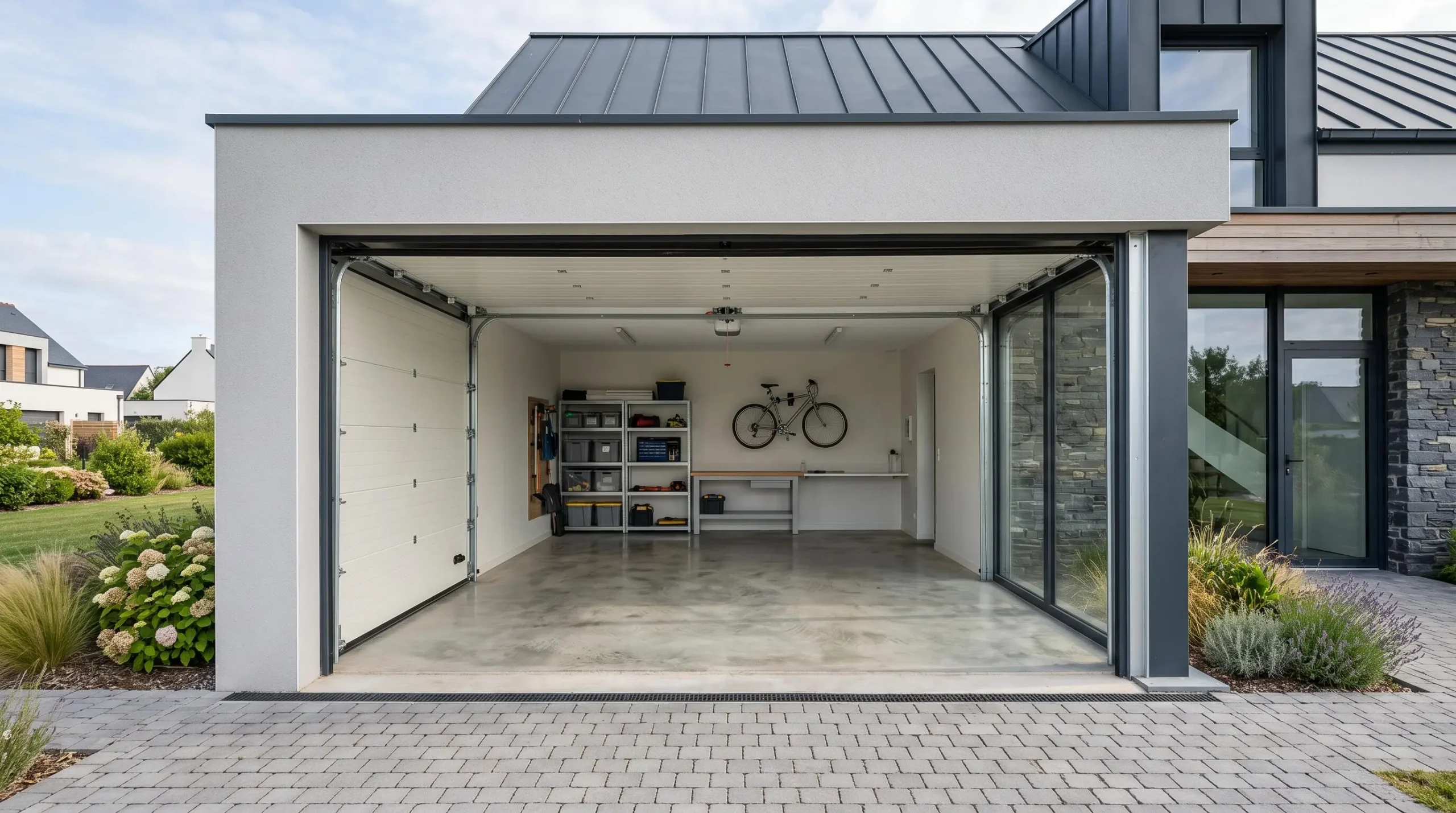 Porte de garage sectionnelle en aluminium blanc complètement ouverte et enroulée au plafond, montrant l'intérieur du garage et les rails de guidage latéraux
