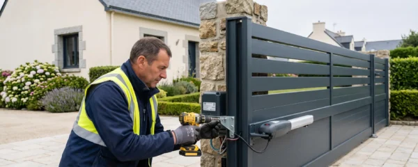 Technicien professionnel installant un moteur à bras articulé sur un portail aluminium anthracite devant une maison contemporaine bretonne