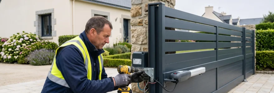 Technicien professionnel installant un moteur à bras articulé sur un portail aluminium anthracite devant une maison contemporaine bretonne