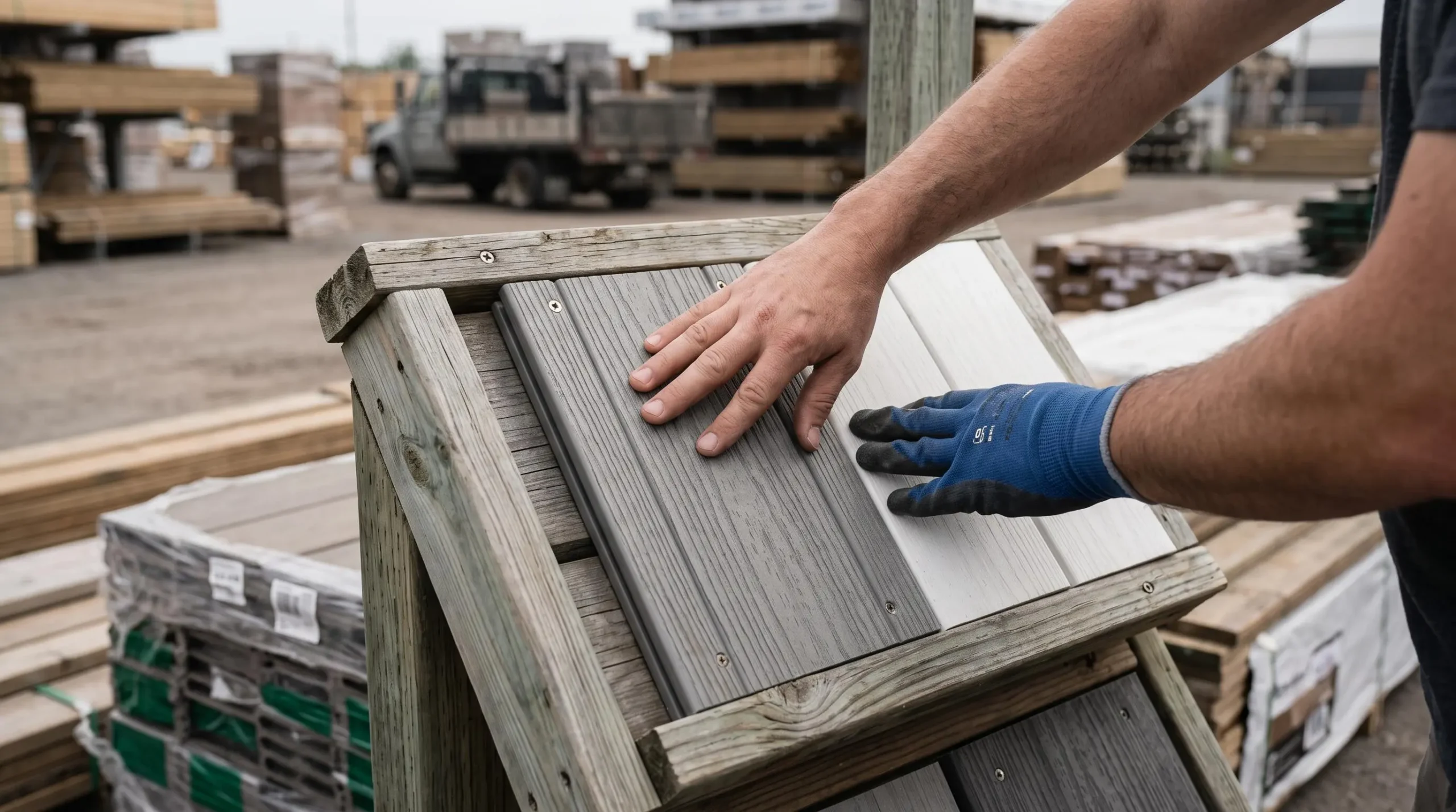 Mains comparant la texture d'une lame de composite et d'une lame de PVC sur un présentoir dans une cour à matériaux.