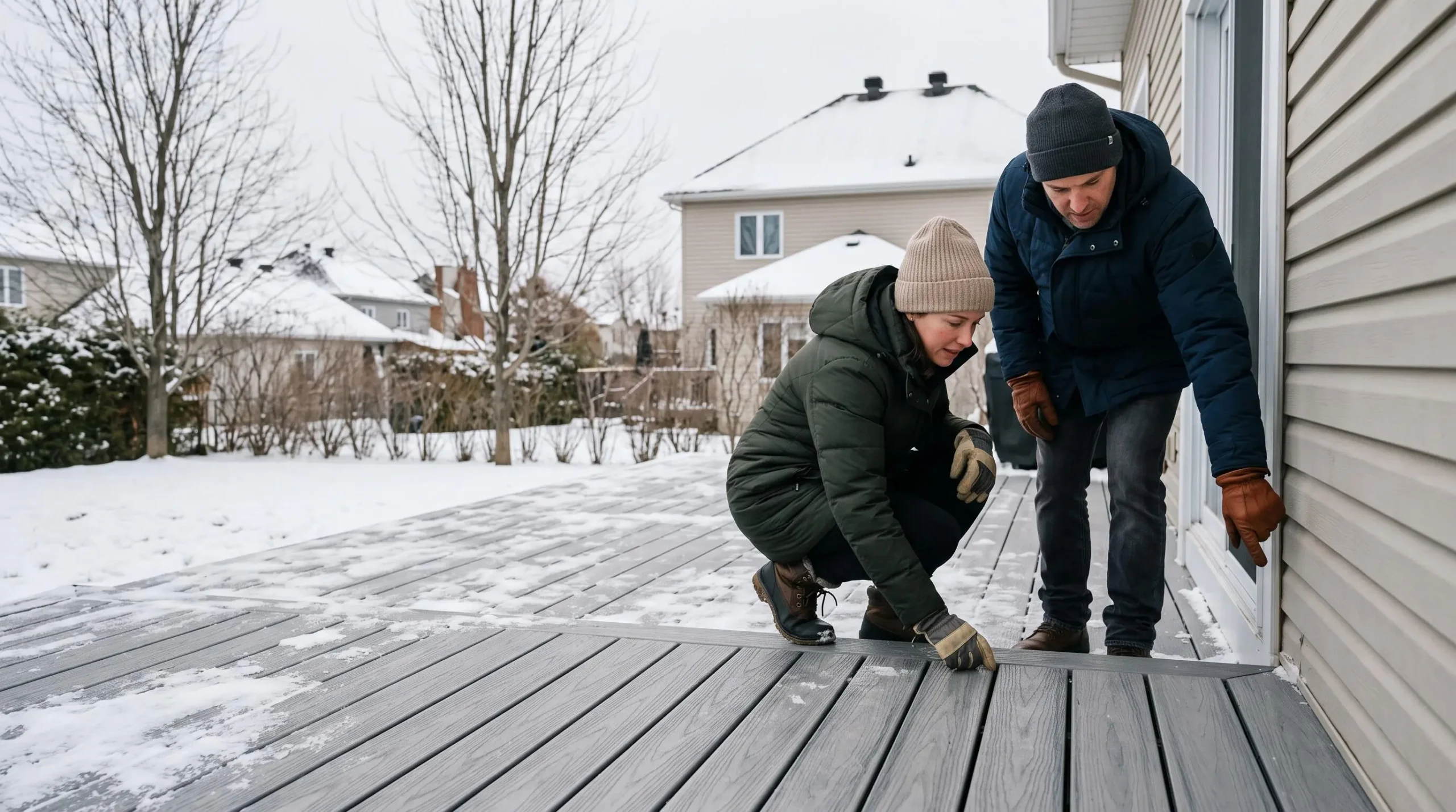Couple inspectant un patio en composite après les premières neiges dans une cour résidentielle du Québec.