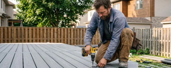 Menuisier agenouillé fixant des lames de patio en composite avec une visseuse dans une cour résidentielle à Terrebonne.