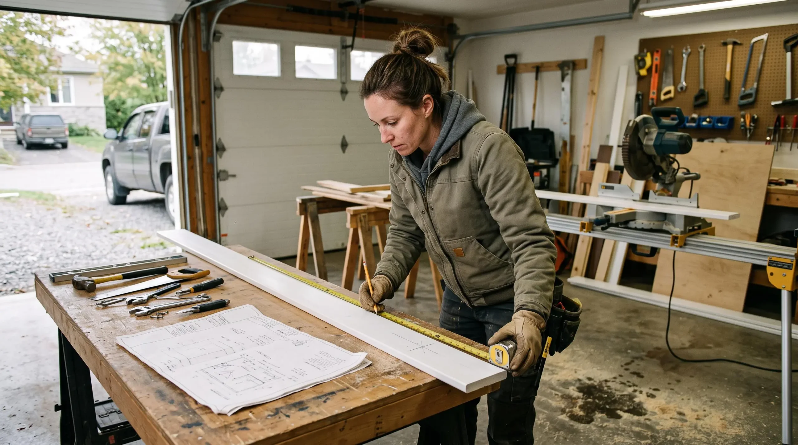 Coordonnatrice de chantier mesurant et marquant une lame de PVC sur une table de travail dans un garage-atelier.